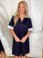 Load image into Gallery viewer, Be Back Navy S/S Luxe Knit Mini Dress
