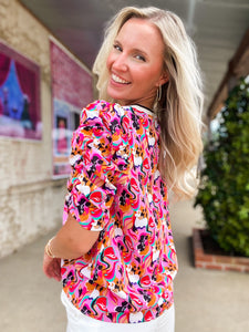 New Here Pink Printed Ruched Sleeve THML Blouse