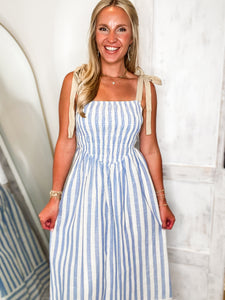Ocean Air Ivory & Blue Stripe Linen Midi Dress