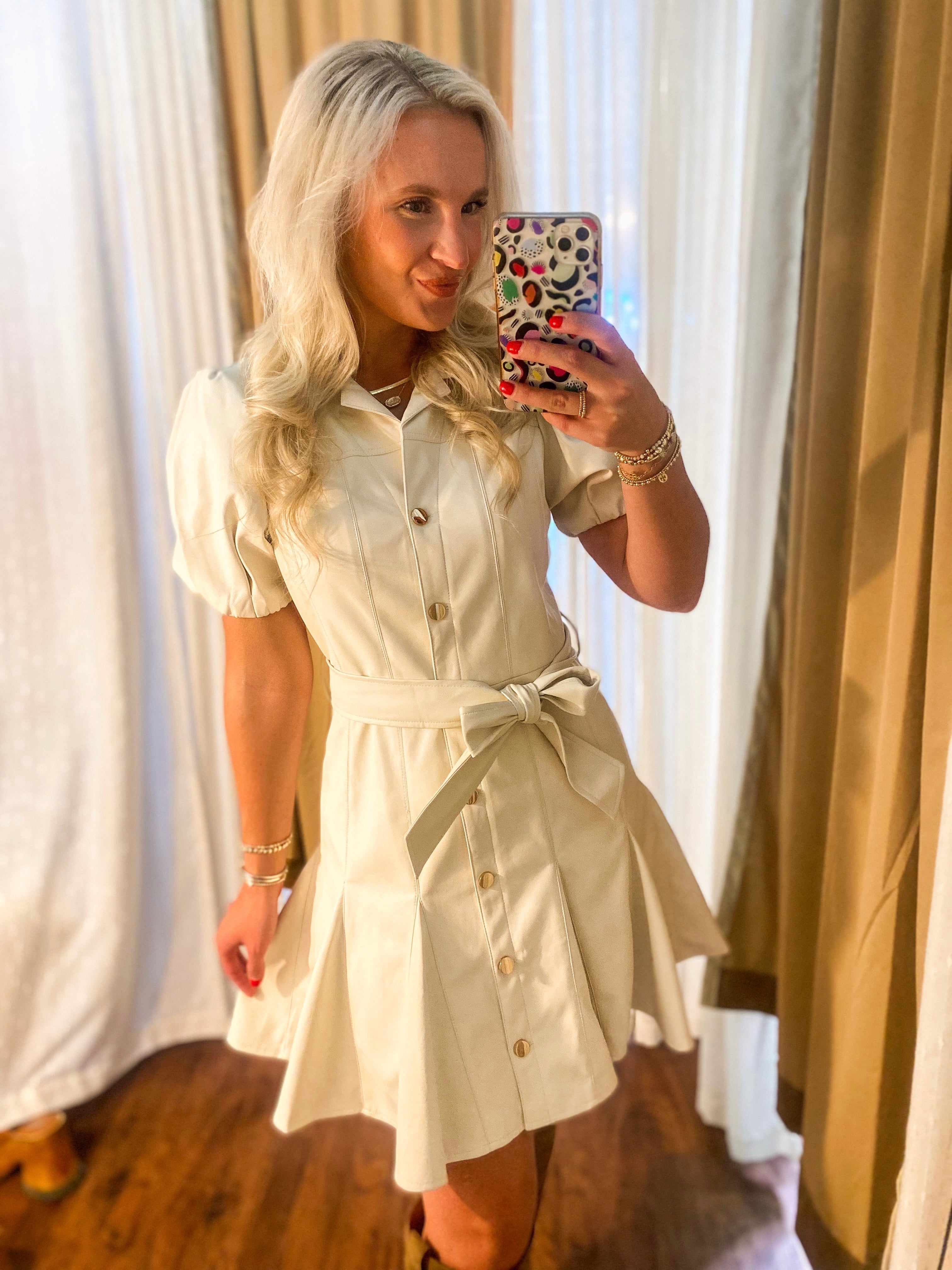 ivory faux leather dress Ivory V-Neck Mini Dress with Faux Leather Belt