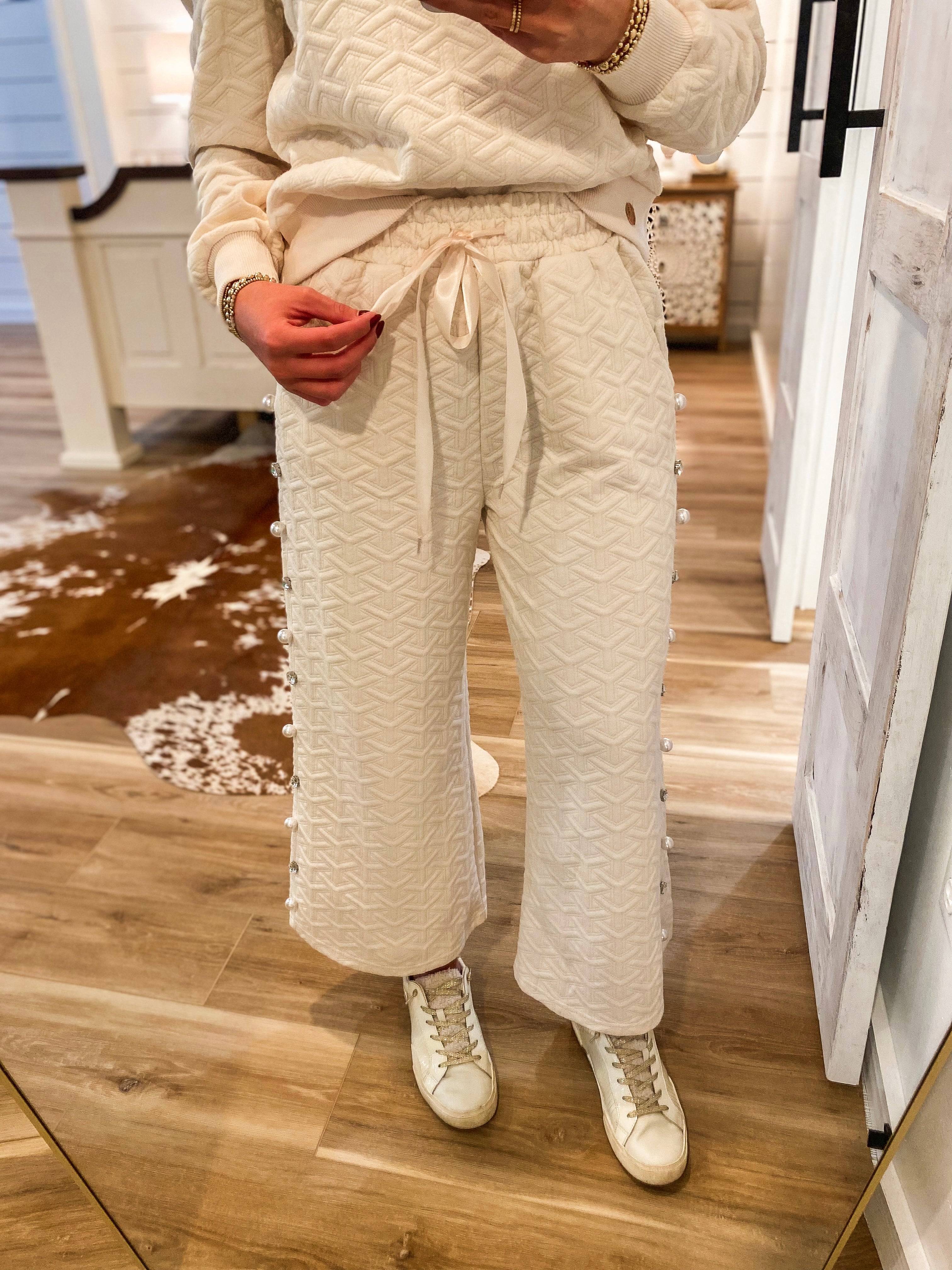 Shining Bright Pearl/Jewel Embellished Ivory Lounge Pants