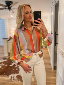 True Feelings Lime & Mocha Striped L/S Blouse