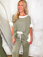 Load image into Gallery viewer, Destined To Be Olive &amp; Cream S/S Blouse &amp; Lounge Pant Set
