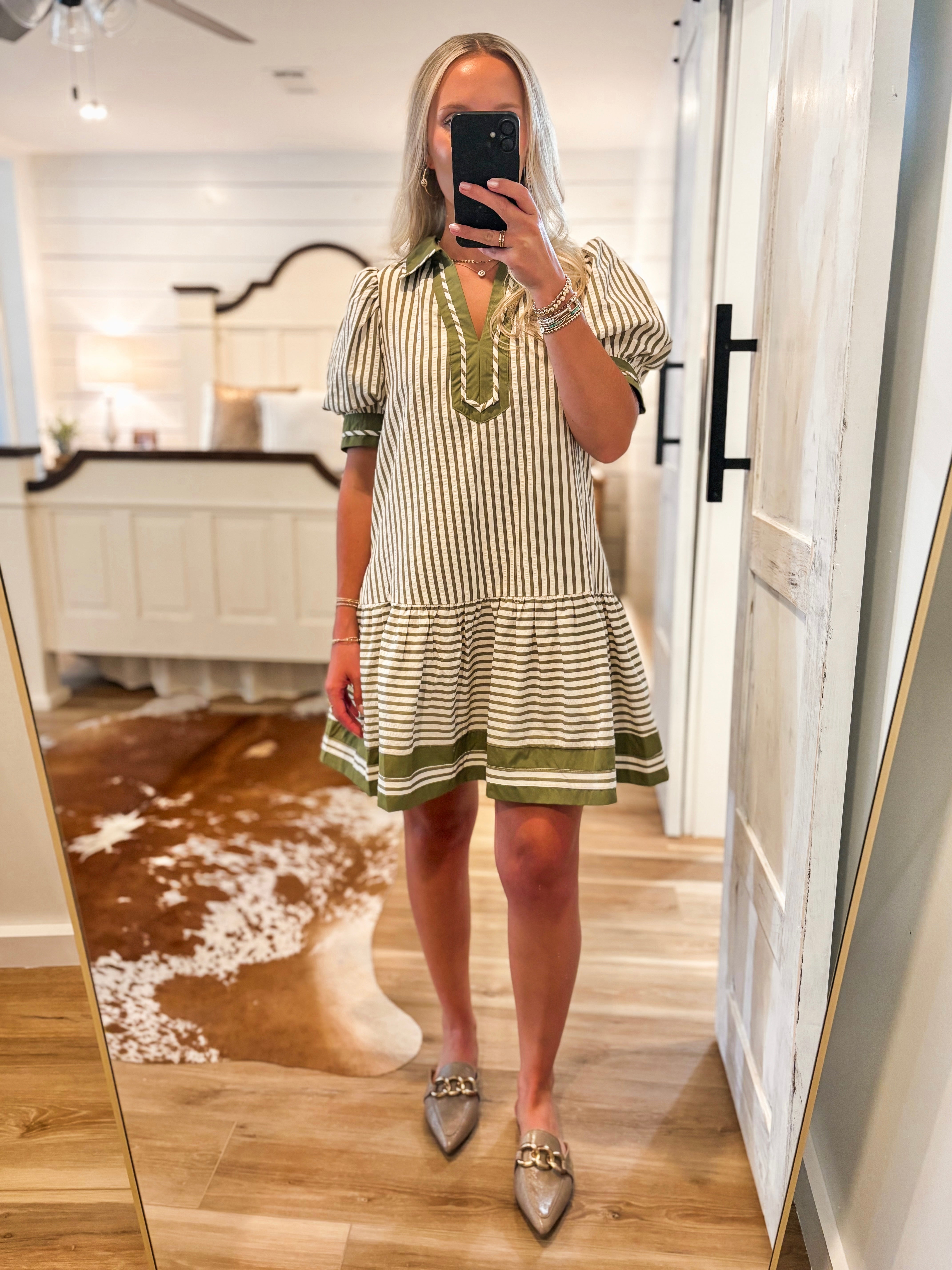 Staying Close Olive Stripe Mini Dress