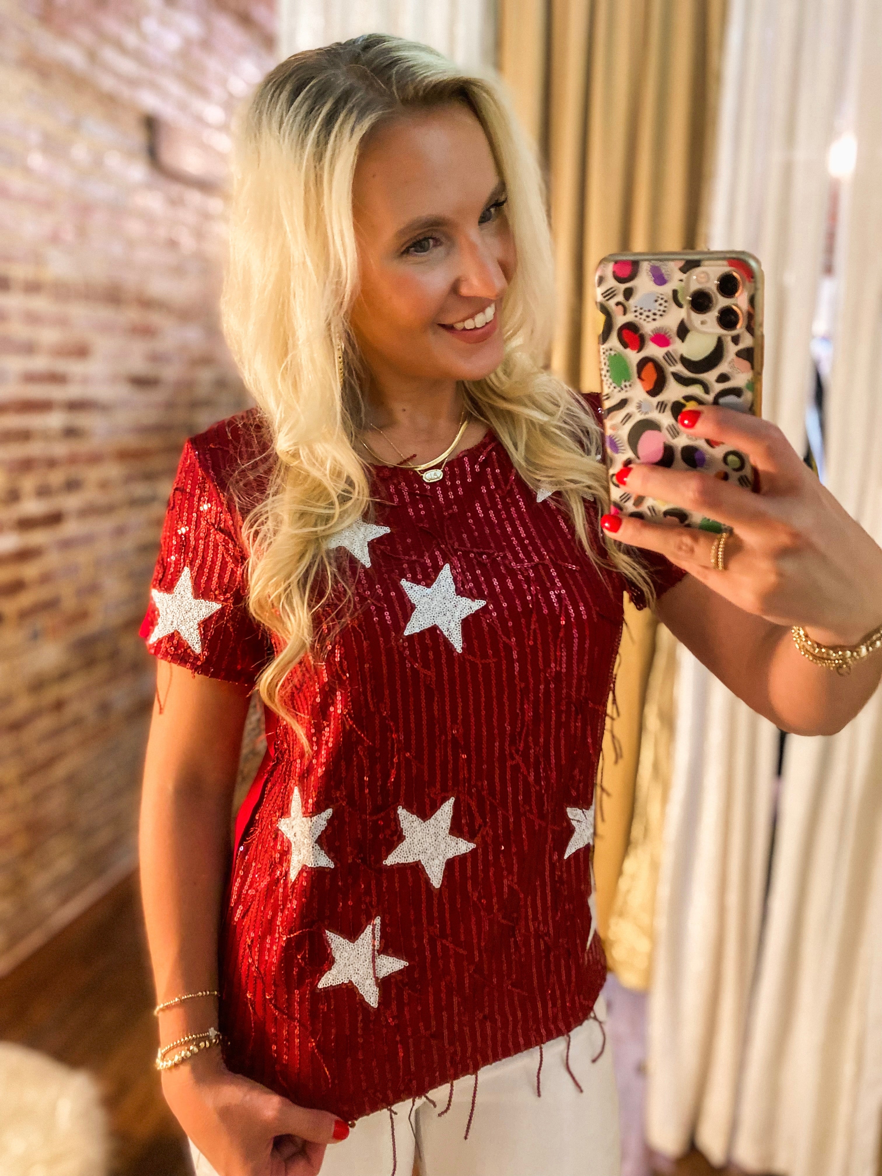 Your Wish Crimson and White Star Sequin Tee