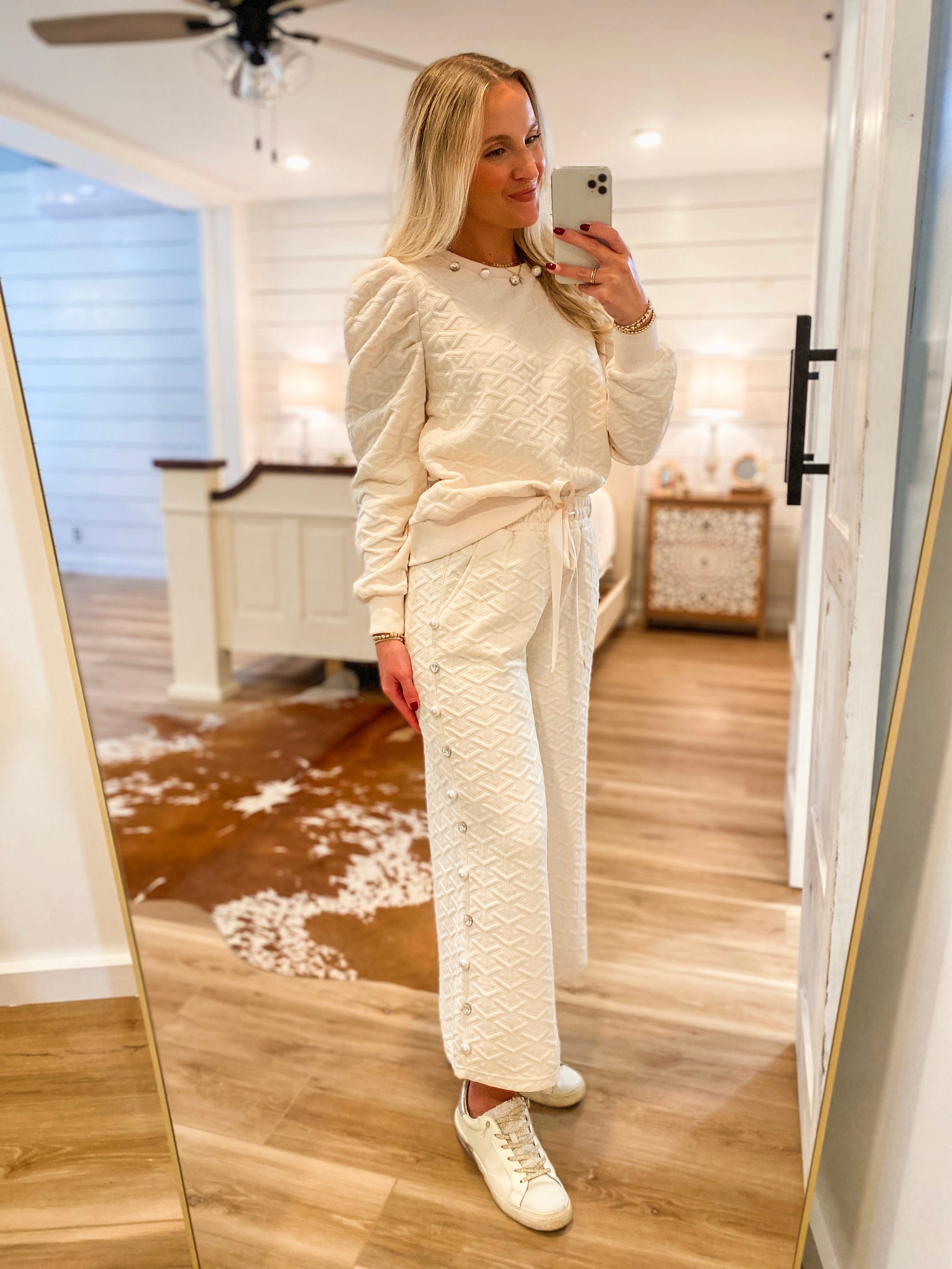 Shining Bright Pearl/Jewel Embellished Ivory Lounge Pants