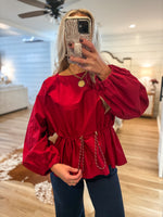 Load image into Gallery viewer, Burgundy Drawstring L/S Blouse
