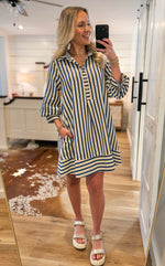 Load image into Gallery viewer, Choosing Myself Blue &amp; Taupe Stripe Mini Dress
