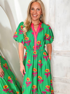On The Rise Kelly Green Floral Midi Dress