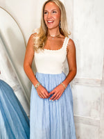Load image into Gallery viewer, Above This Taupe &amp; Blue Pin Stripe Midi Dress
