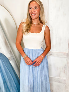 Above This Taupe & Blue Pin Stripe Midi Dress