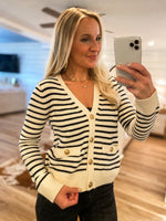 Load image into Gallery viewer, Pretty Tonight Ivory &amp; Black Stripe Cardigan
