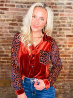 Load image into Gallery viewer, In My Own Time Rust and Royal Blue Leopard Button Down Blouse

