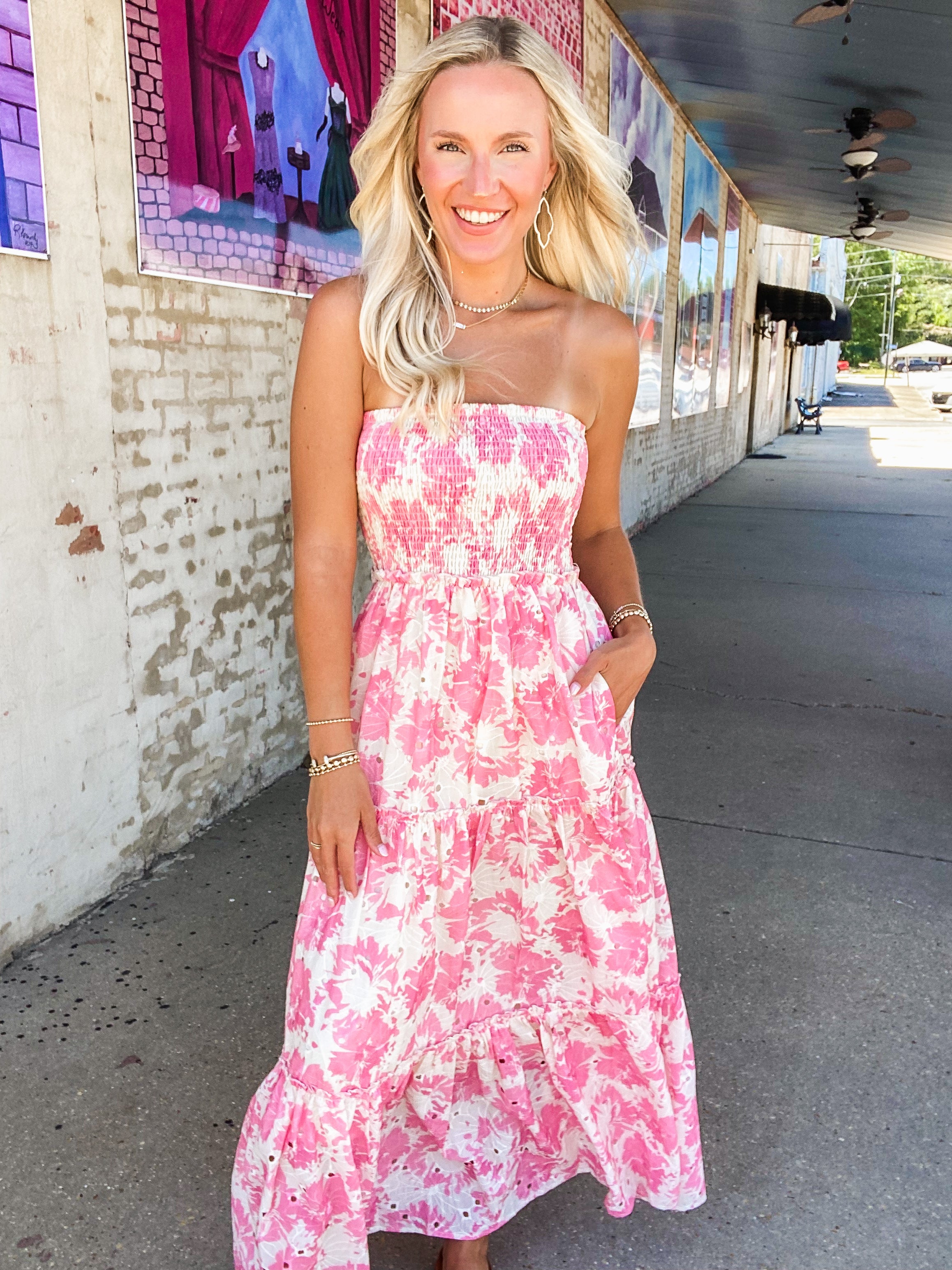 Summer Era Pink Floral Strapless Maxi Dress