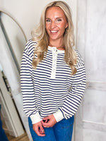 Load image into Gallery viewer, Almost Late Ivory &amp; Navy Stripe L/S Henley
