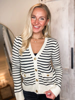 Load image into Gallery viewer, Pretty Tonight Ivory &amp; Black Stripe Cardigan
