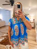 Load image into Gallery viewer, Going Places Cerulean Printed S/S Blouse

