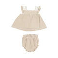 Angel Dear Pinafore with Crochet Heart Lace High Waist Muslin Oxford Tan