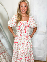 Load image into Gallery viewer, Waiting Here Coral Floral Bow Midi Dress
