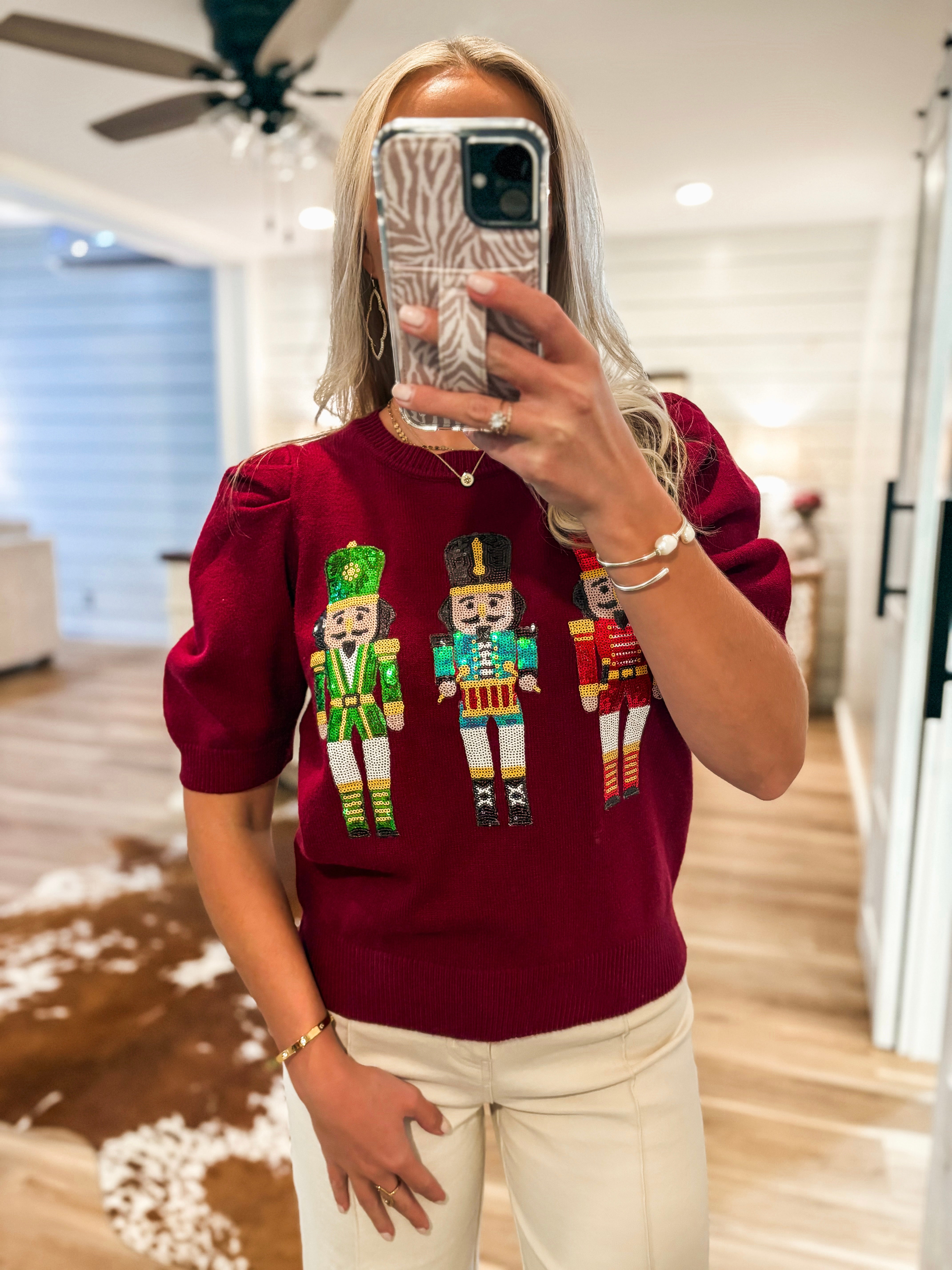 Wine Multi Sequin Nutcracker Sweater