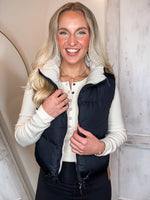 Load image into Gallery viewer, Impress Me Black &amp; Ivory Reversible Puffer Vest
