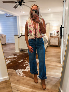 Leaving Soon Ecru Multi Floral Corduroy Vest