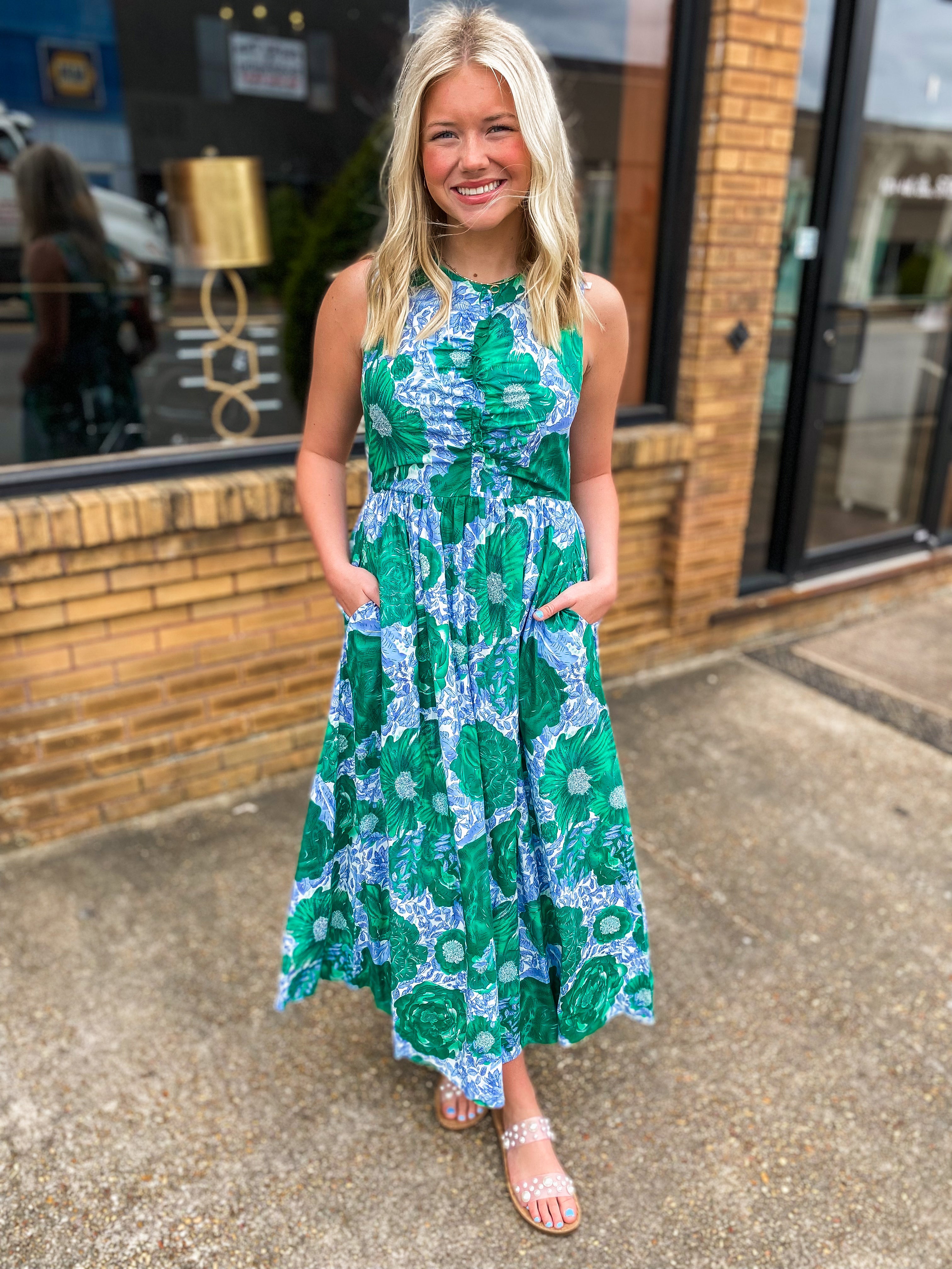 Never Too Much Green & Periwinkle Floral Maxi Dress