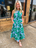 Load image into Gallery viewer, Never Too Much Green &amp; Periwinkle Floral Maxi Dress
