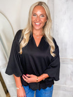 Load image into Gallery viewer, Everyone&#39;s Choice Black Scalloped Blouse

