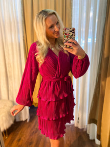 Calling In Favors Magenta Pleated Ruffle Dress