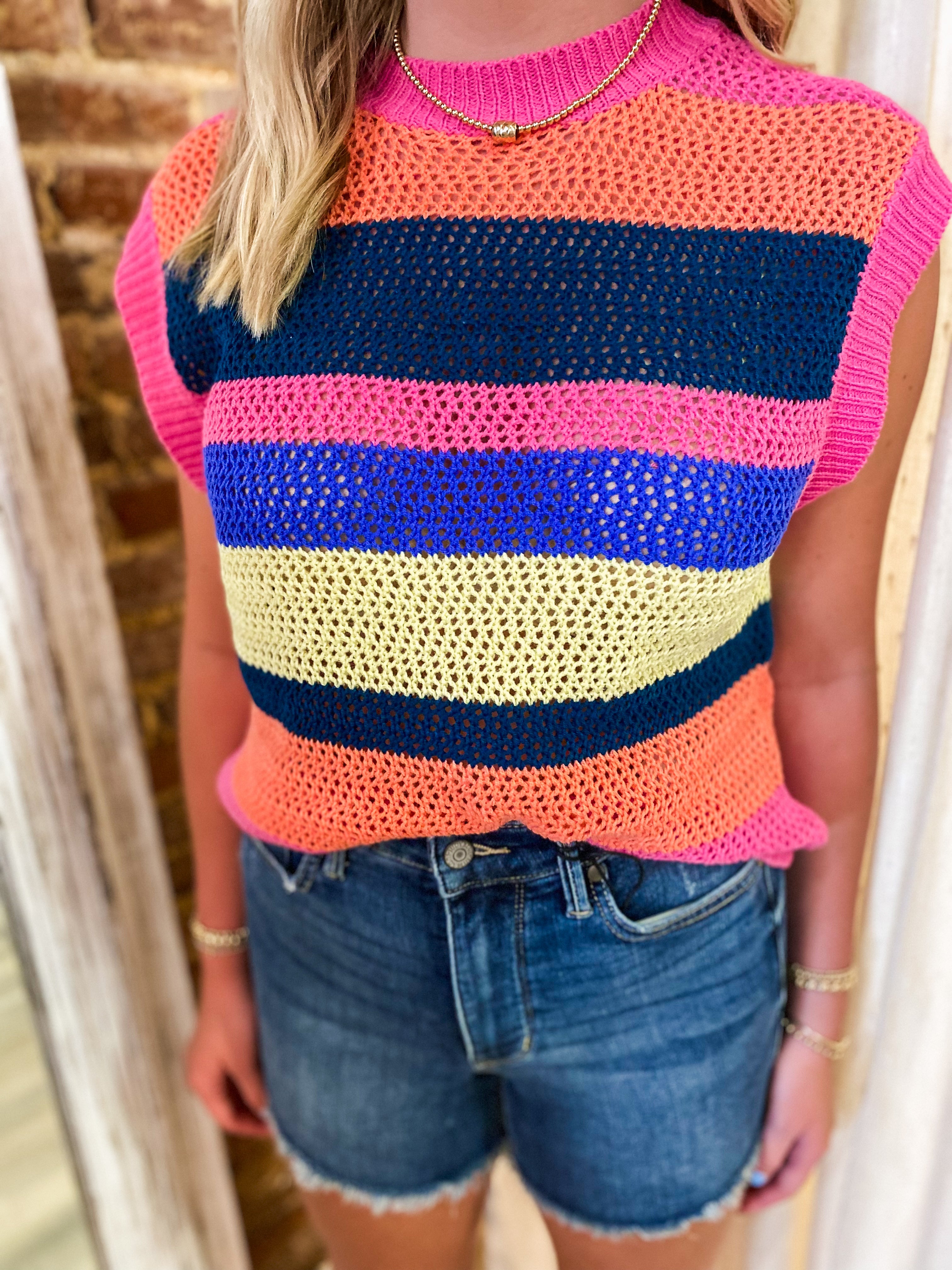 Let It Be Multi Color Striped Crochet Sleeveless Sweater