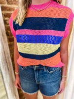 Load image into Gallery viewer, Let It Be Multi Color Striped Crochet Sleeveless Sweater
