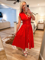 Load image into Gallery viewer, American Girl Red Polka Dot Front Zip Midi Dress
