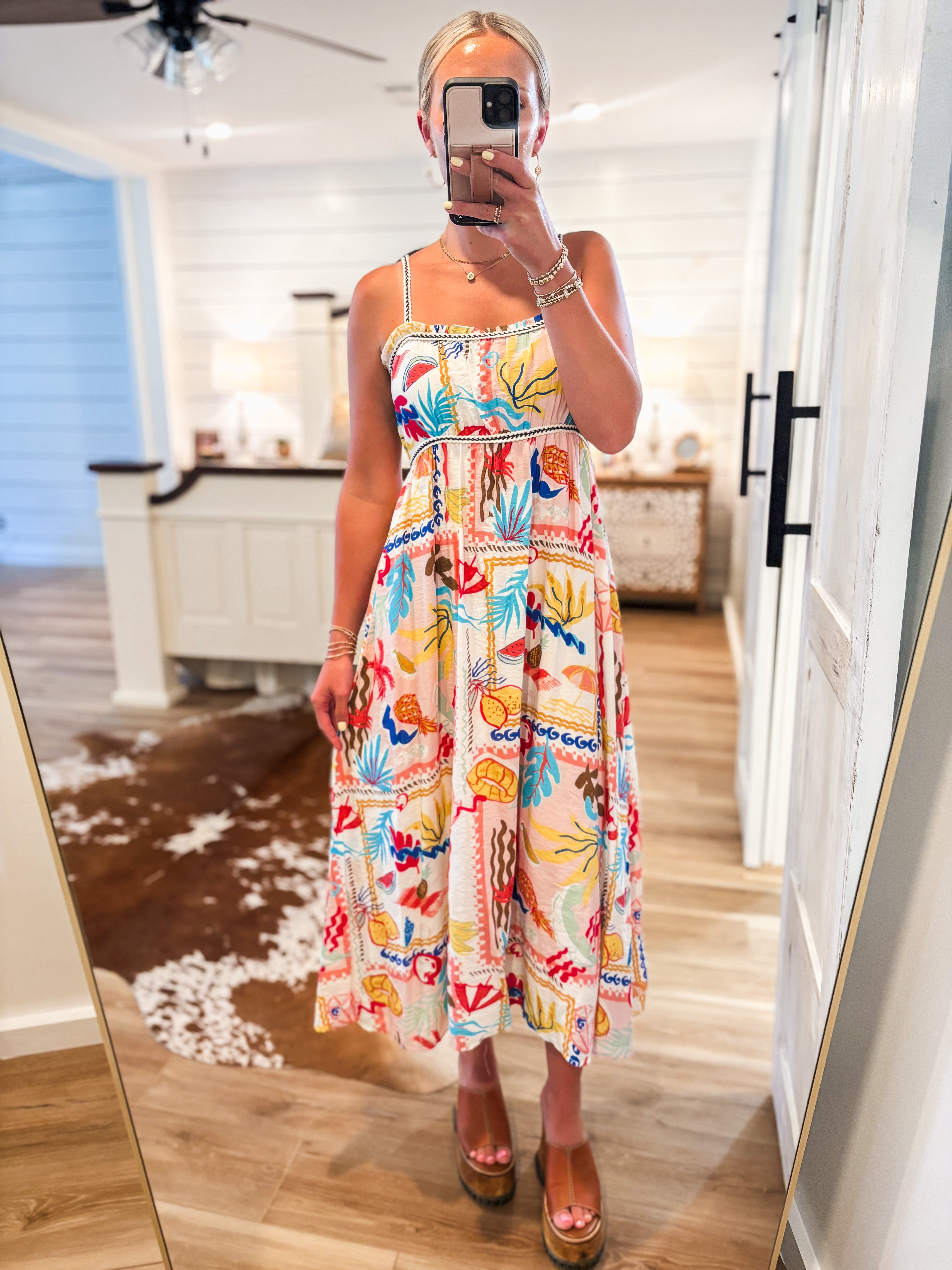 Salty Breeze Coral Tropical Printed Midi Dress