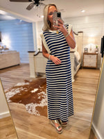 Load image into Gallery viewer, Just Made It Navy Stripe Knit Maxi Dress
