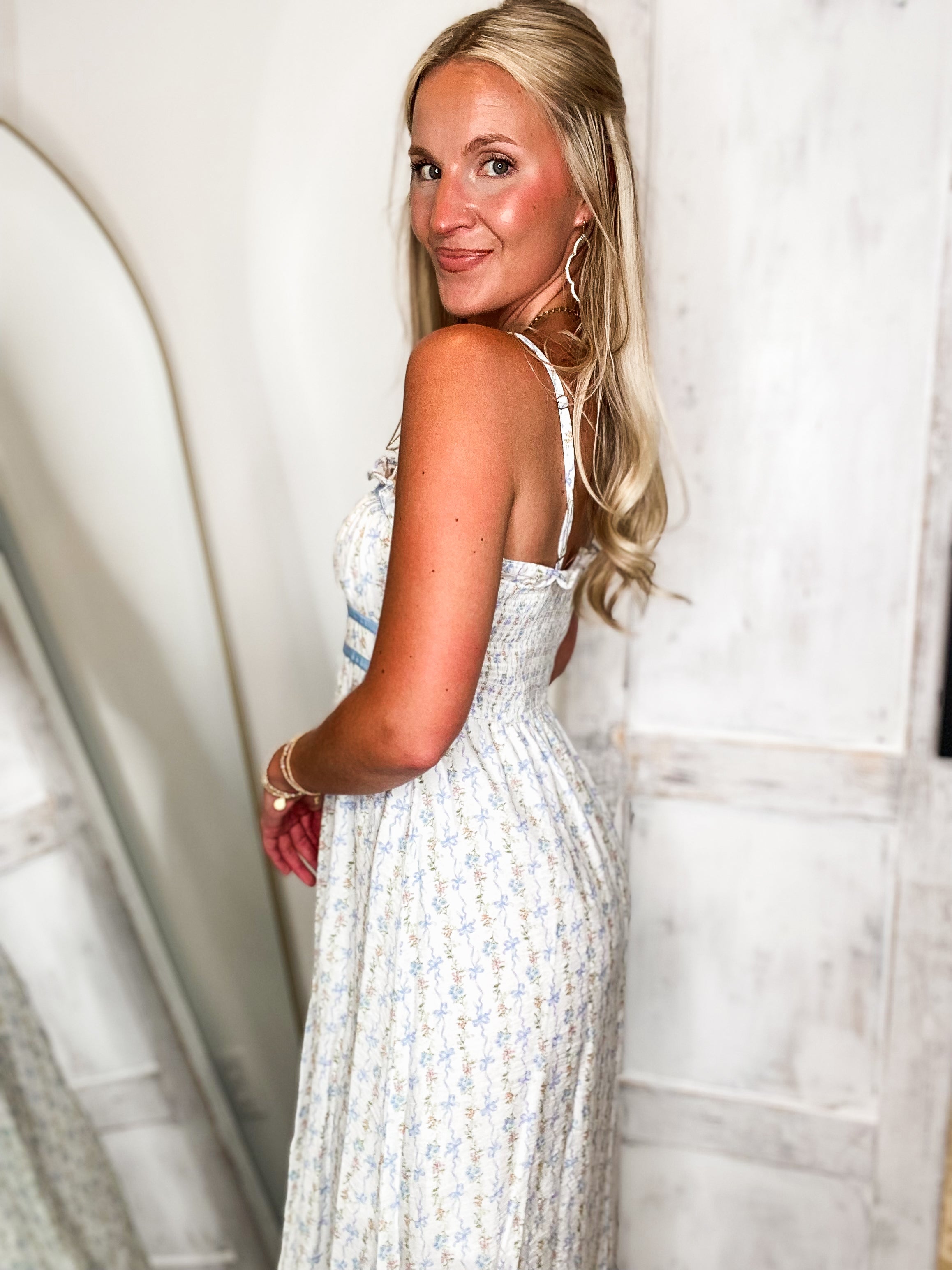 Sweet Occasion White & Powder Blue Bow Midi Dress