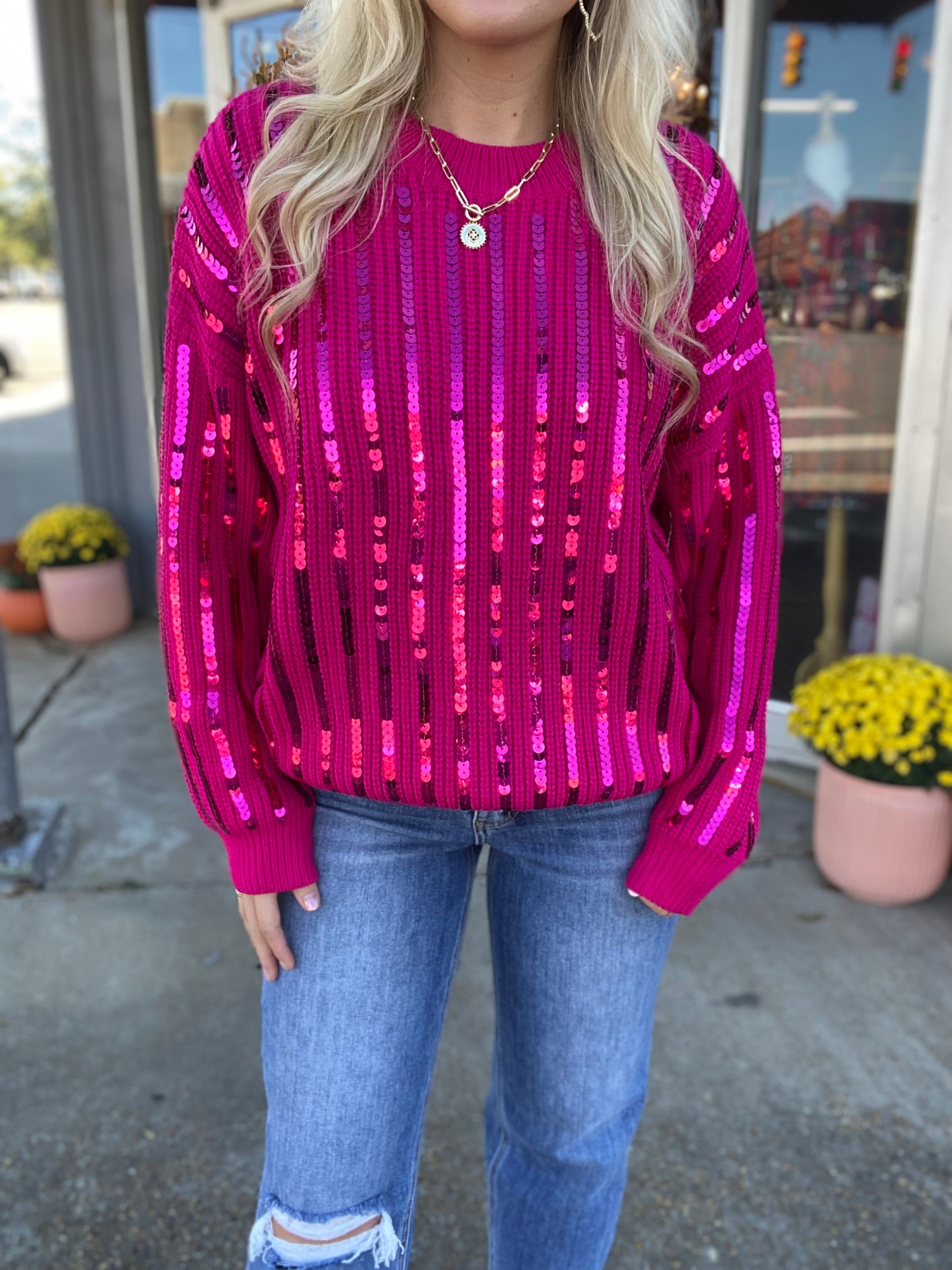 Won My Heart Fuchsia Knitted Sequin Sweater