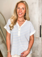 Load image into Gallery viewer, Still Here Powder Blue Stripe Henley Blouse
