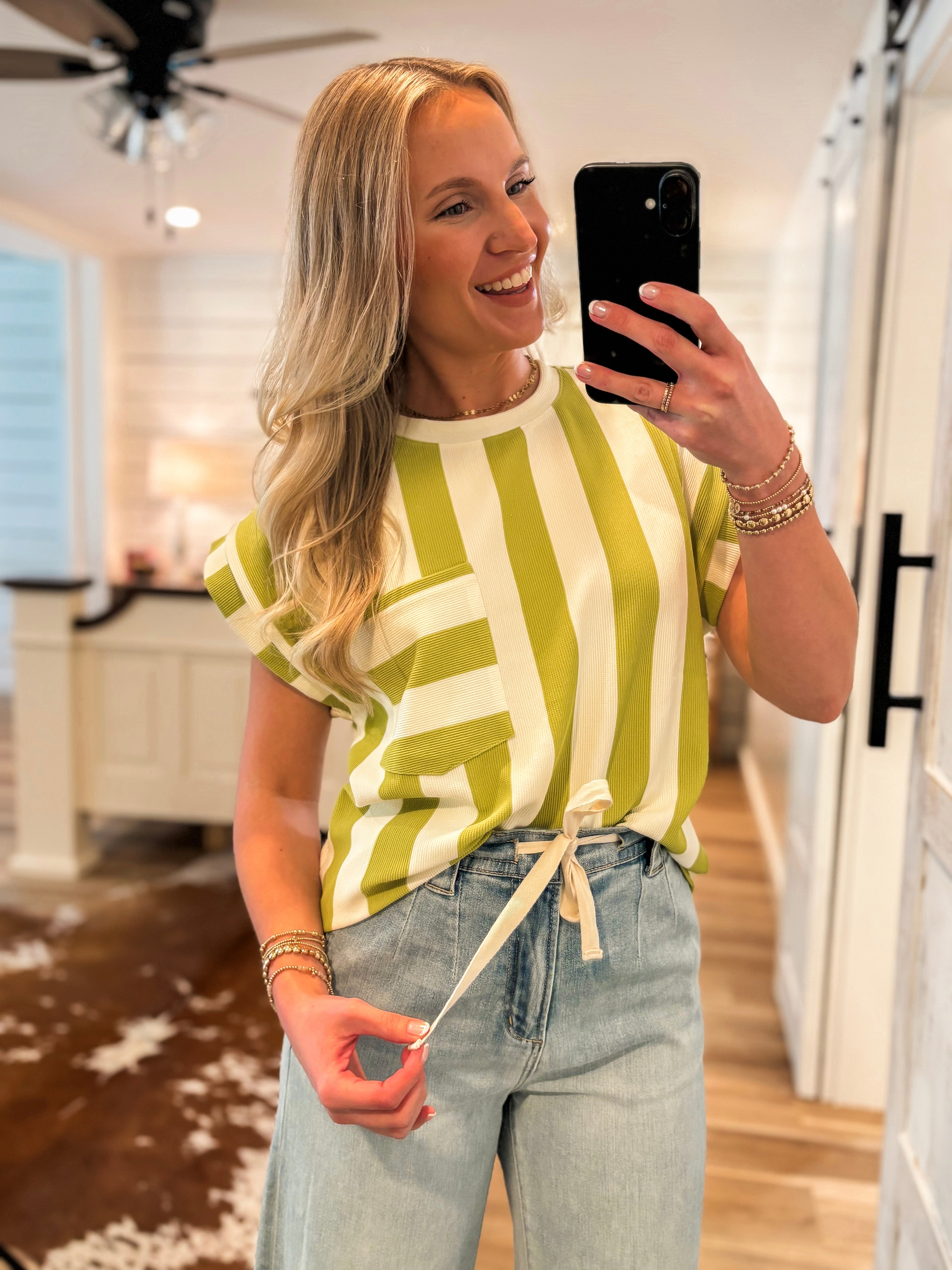 Hey There Lime Striped Pocket Blouse