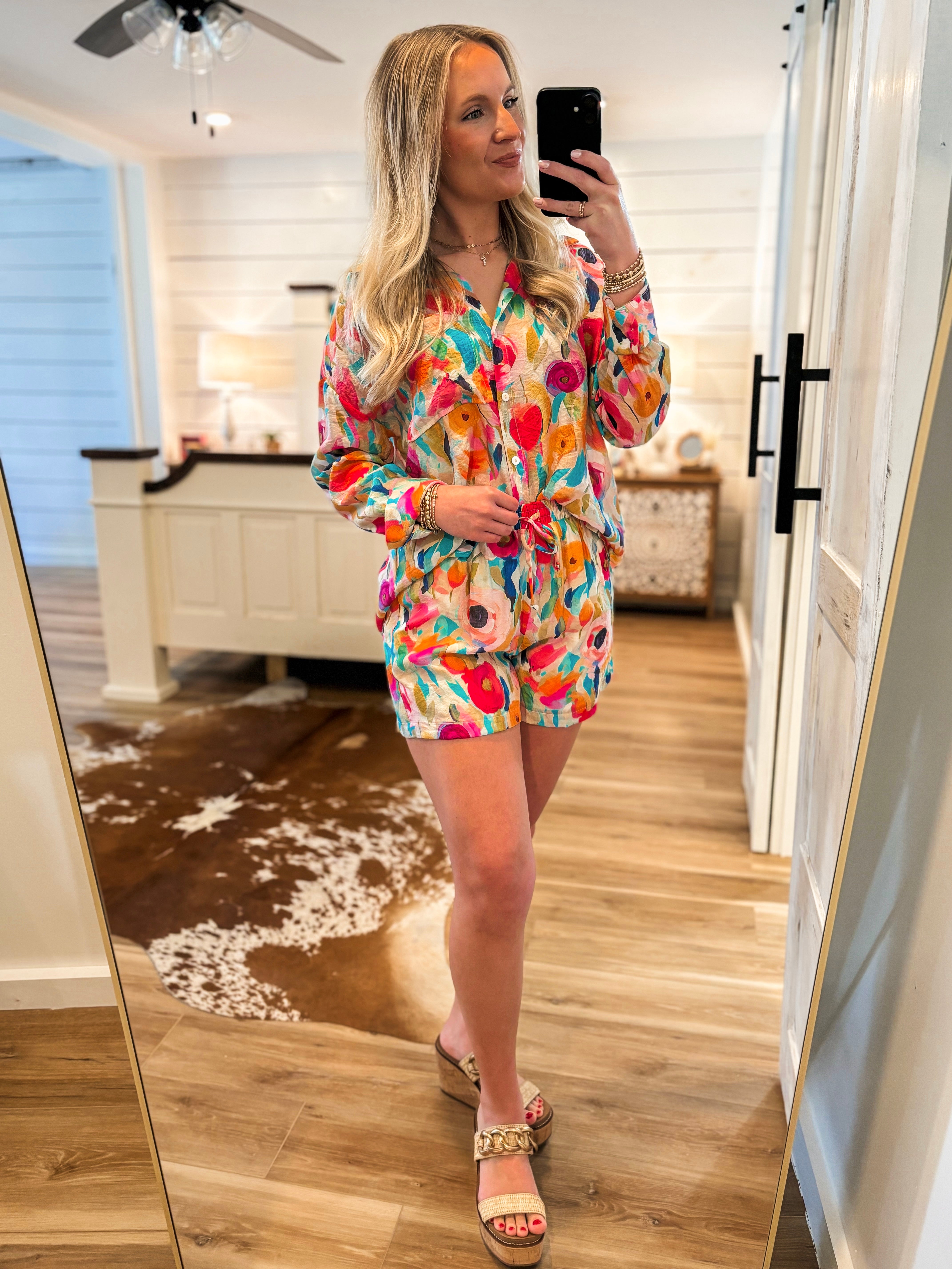 Taking It In Floral Pastel Button Down & Shorts Set