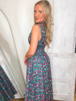 Load image into Gallery viewer, Stunning View Emerald Floral Front Zip Midi Dress
