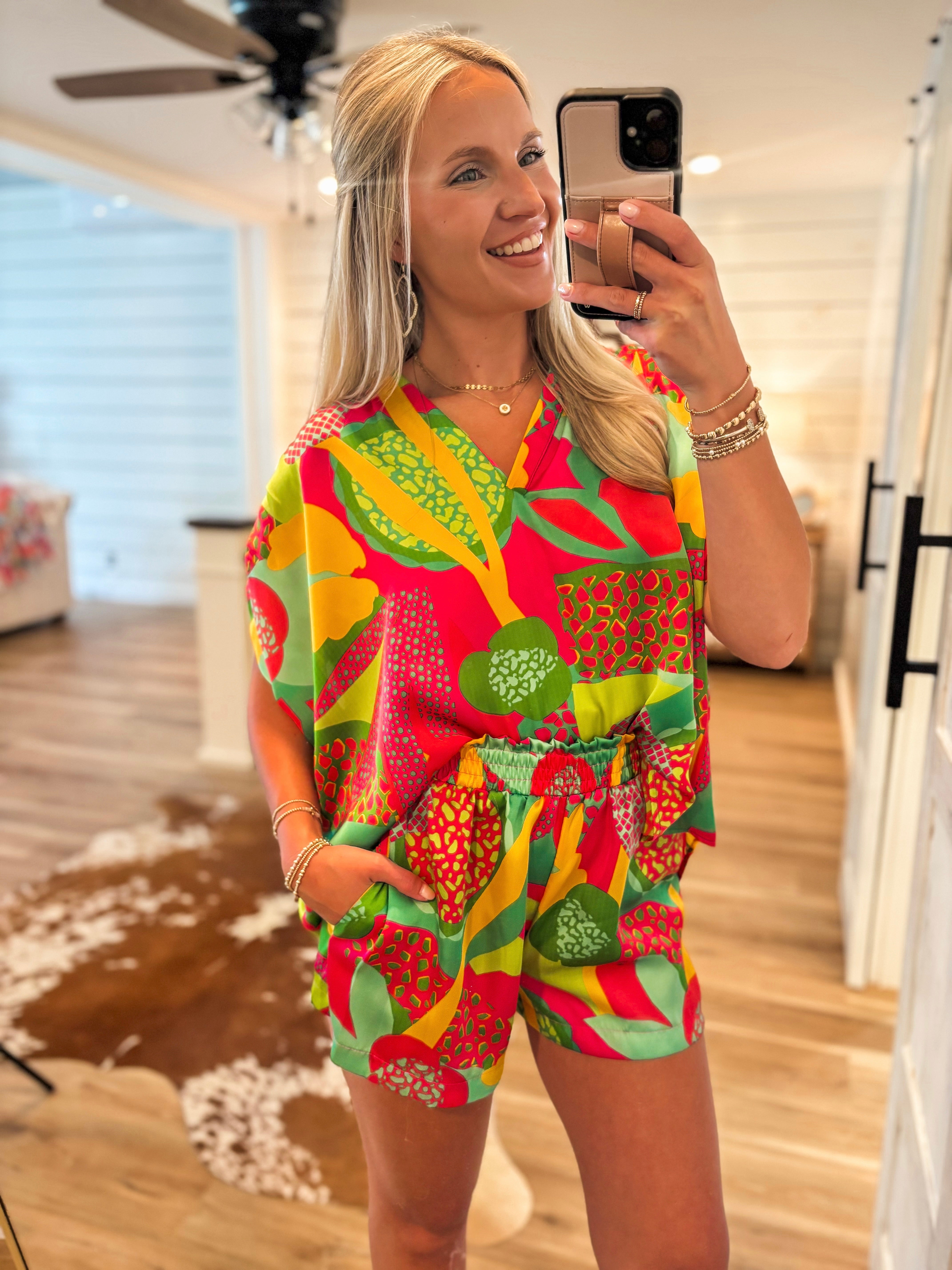 Tropical Punch Kelly Green Printed ADRIENNE Blouse & Shorts Set