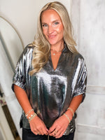 Load image into Gallery viewer, Been Here Charcoal Metallic Blouse
