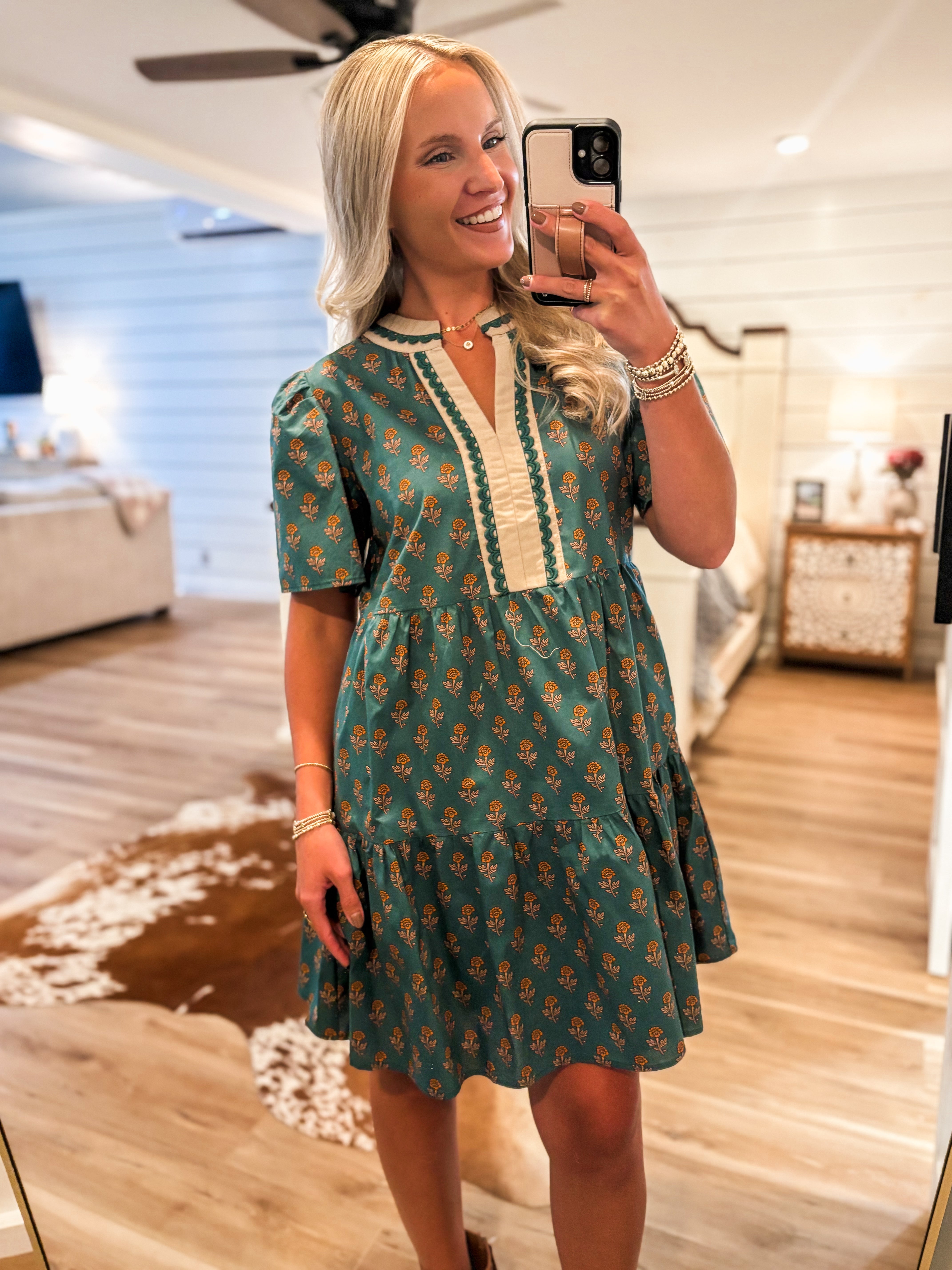 In Harvest Teal Floral Mini Dress