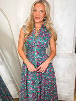 Load image into Gallery viewer, Stunning View Emerald Floral Front Zip Midi Dress
