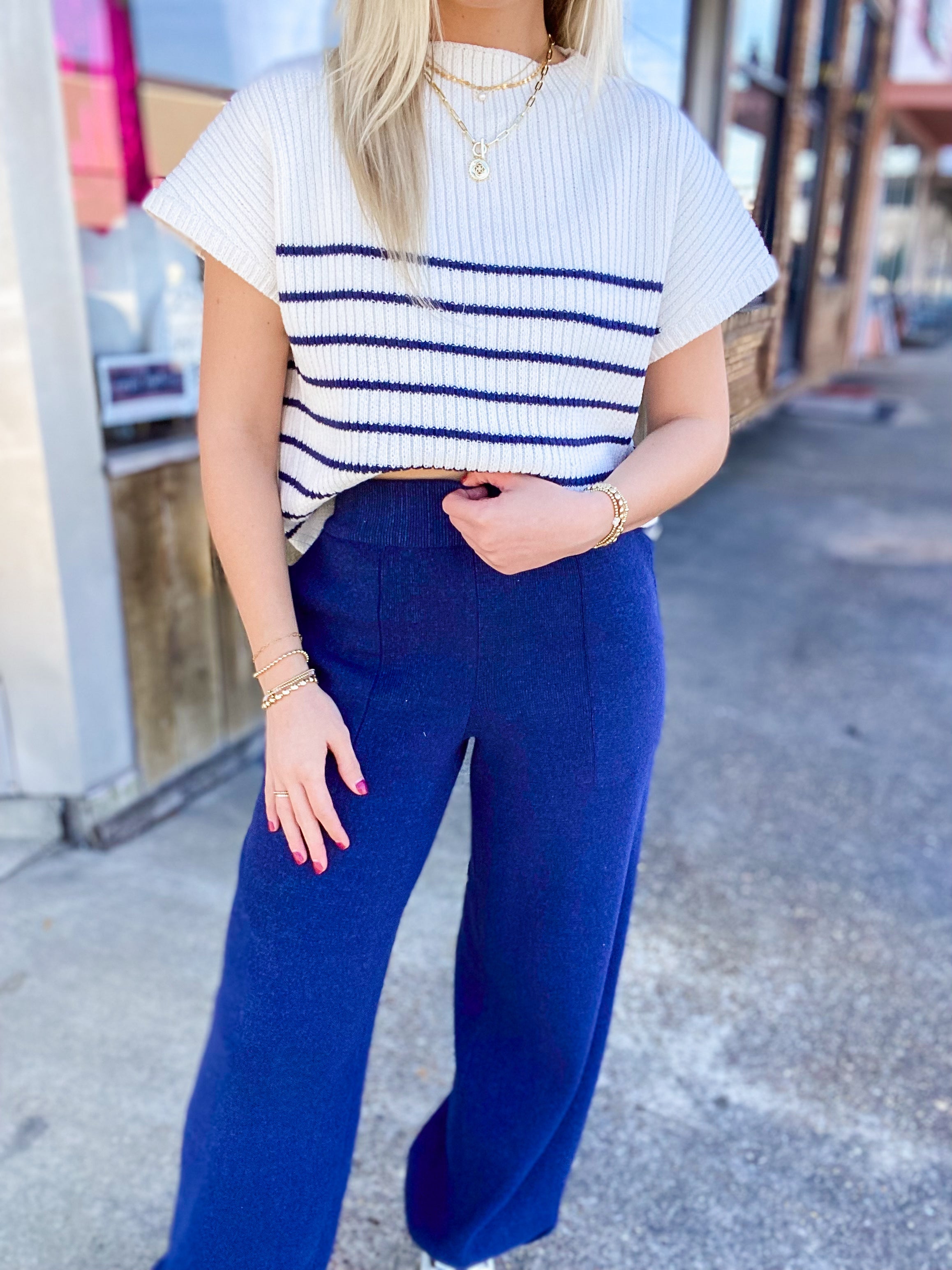 Never Better Navy Knitted High Waisted Joggers