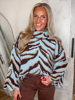 Load image into Gallery viewer, Brown/Aqua Zebra Mock Sweater
