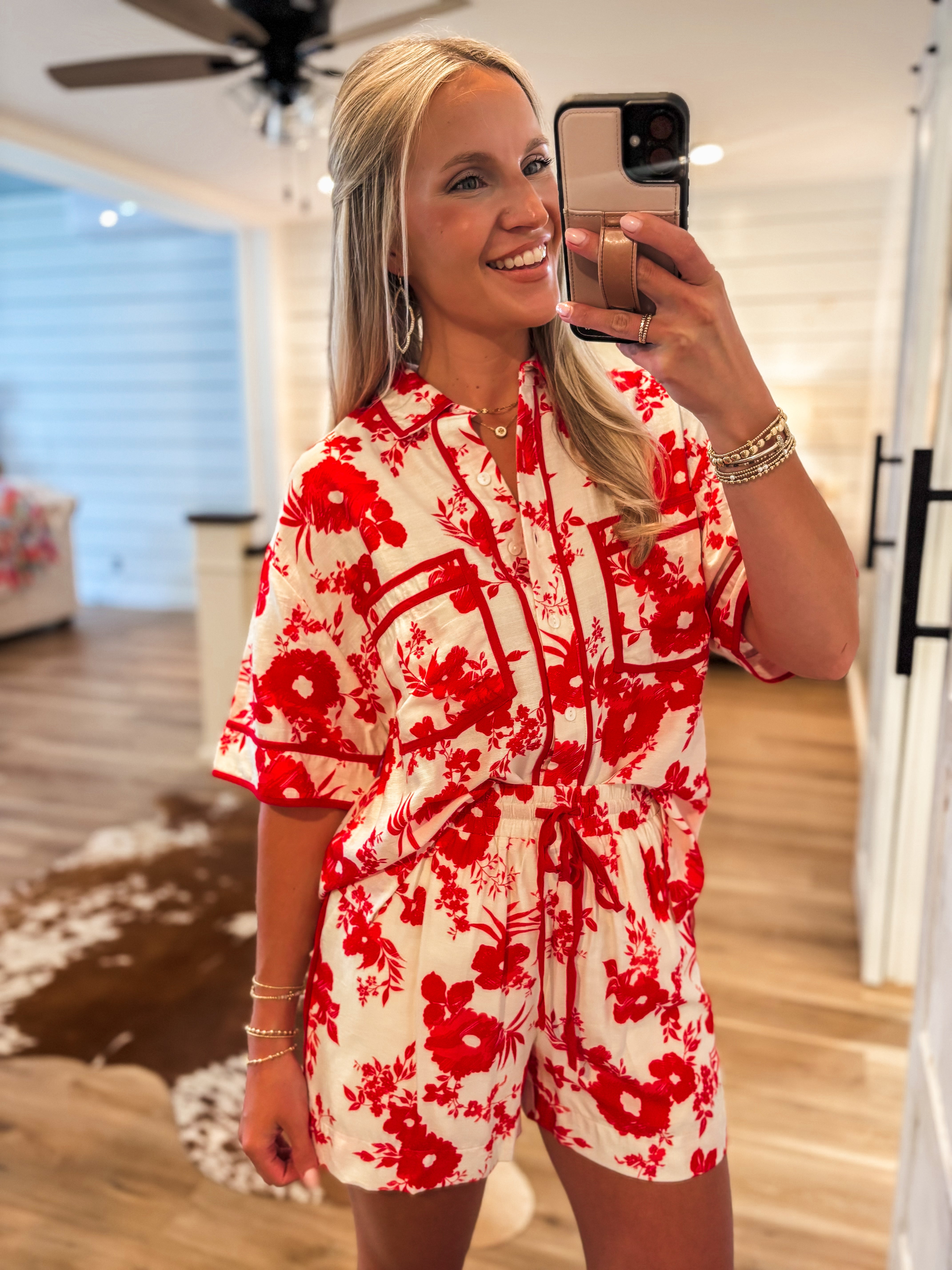Exotic Adventure Red Floral S/S Button Down & Shorts Set