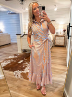 Load image into Gallery viewer, Caught Up Sherbert/Blue Stripe Wrap Midi Dress
