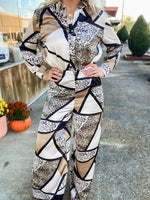 Load image into Gallery viewer, Just Living Leopard Neutral Abstract Button Down Blouse &amp; Palazzo Pants Set
